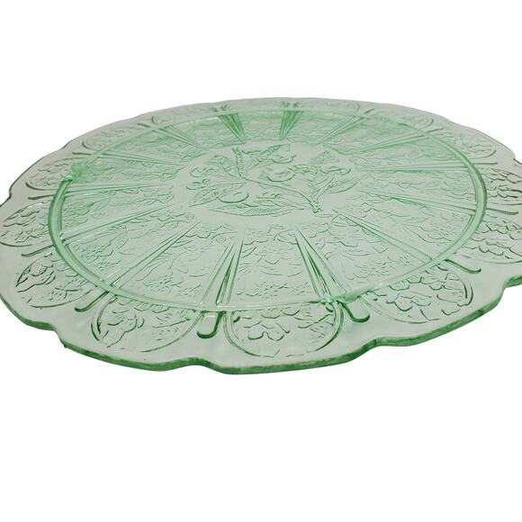 Jeannette Glass Green Depression 3-Footed Cake Plate Cherry Blossom Pattern Vtg - Picture 4 of 13